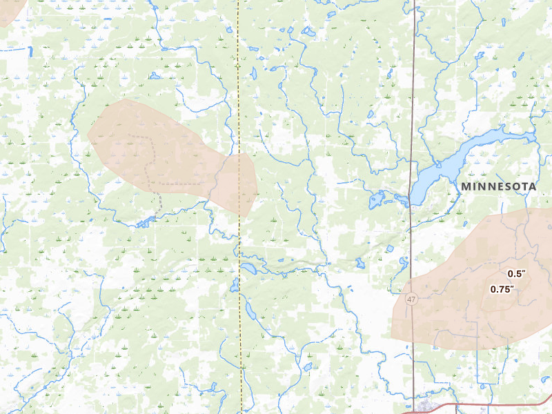 Radar-estimated hail-size map of the storm over Ogilvie, MN on Jul 7, 2026