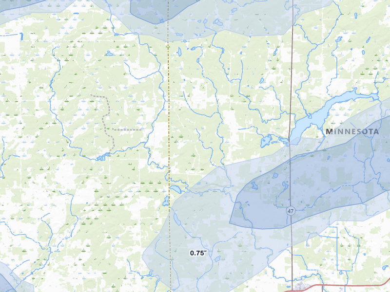 NEXRAD radar-signature map of the hail storm over Ogilvie, MN on Jul 7, 2026