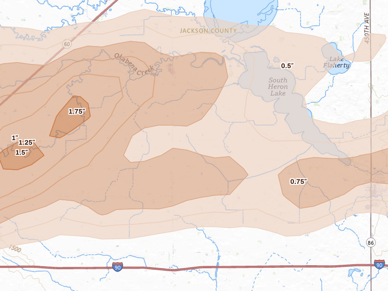 Radar-estimated hail-size map of the storm over Okabena, MN on Apr 13, 2026