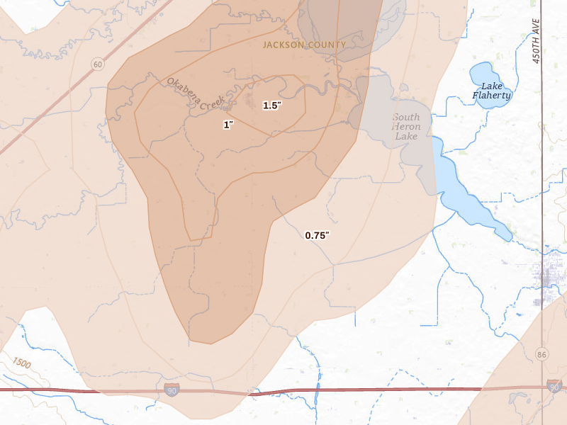 Radar-estimated hail-size map of the storm over Okabena, MN on May 17, 2026