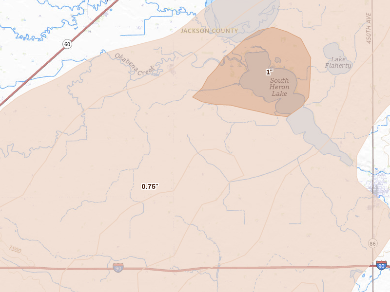 Radar-estimated hail-size map of the storm over Okabena, MN on Jun 29, 2026