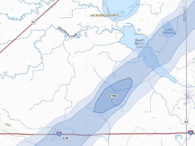NEXRAD radar-signature map of the hail storm over Okabena, MN on Jun 29, 2026
