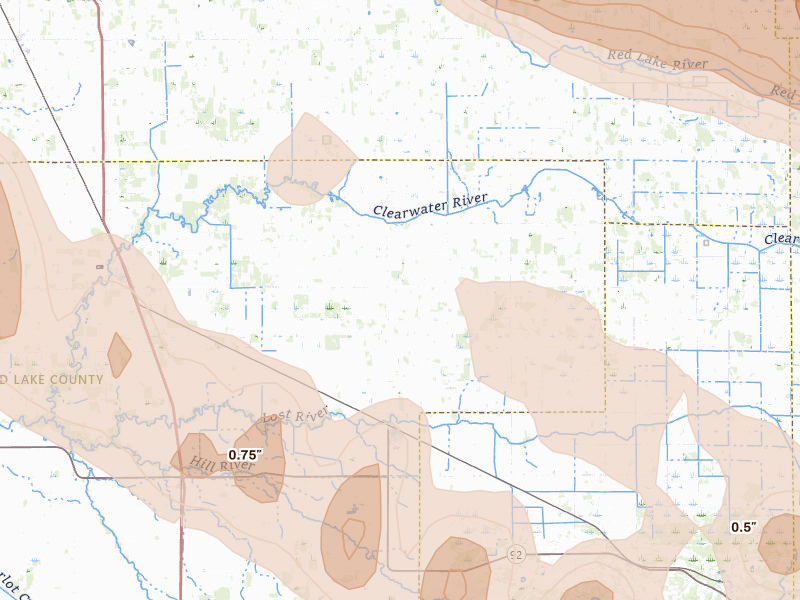 Radar-estimated hail-size map of the storm over Oklee, MN on Jul 24, 2026