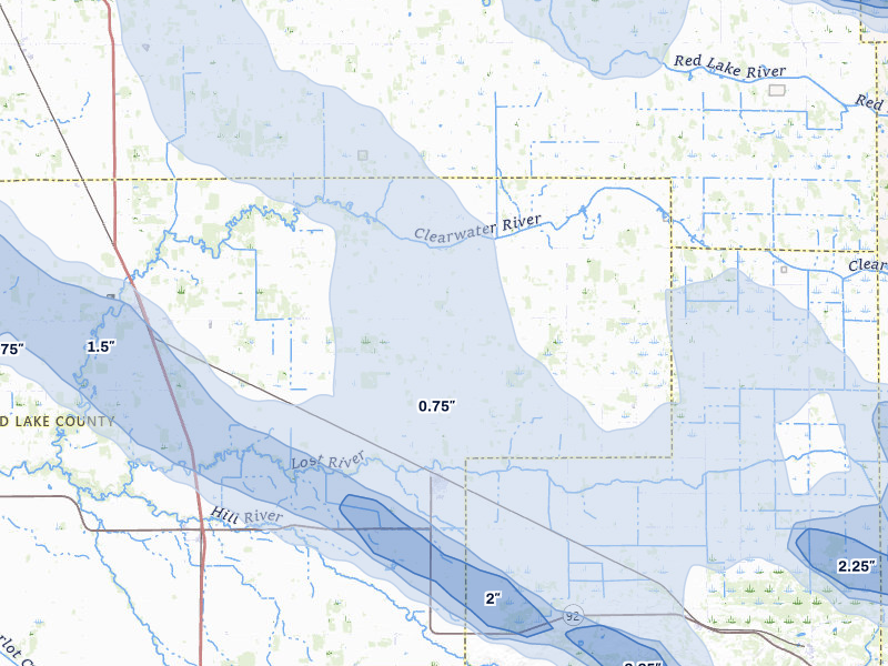 NEXRAD radar-signature map of the hail storm over Oklee, MN on Jul 24, 2026