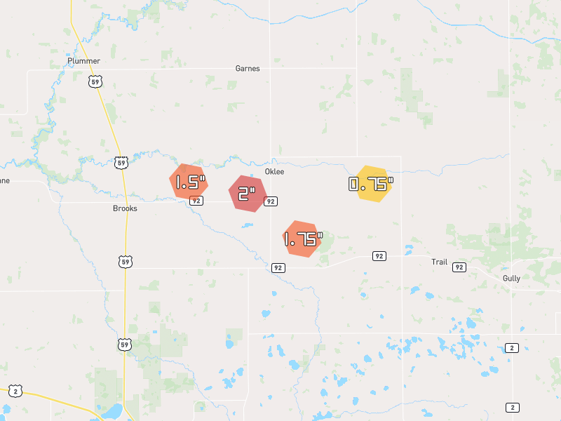 Hail map of Oklee, MN on Jul 25, 2026, hail up to 2"
