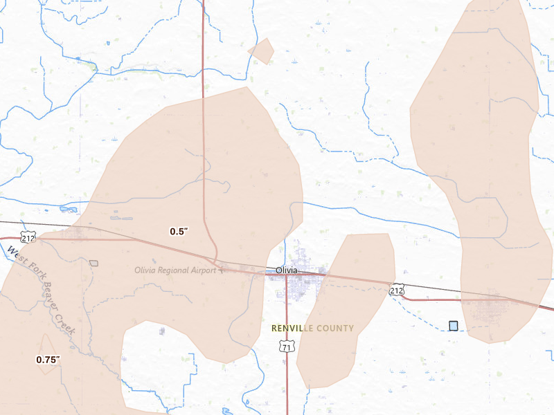 Radar-estimated hail-size map of the storm over Olivia, MN on Jun 9, 2026
