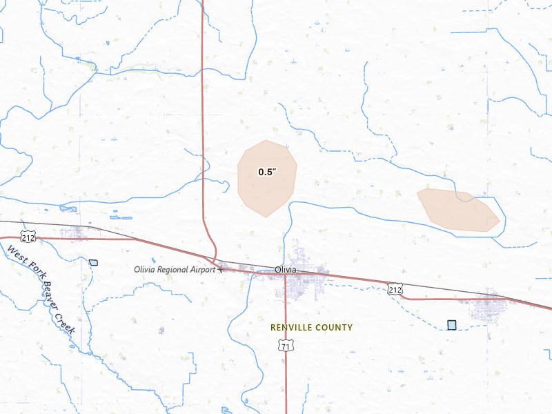 Radar-estimated hail-size map of the storm over Olivia, MN on Jun 23, 2026