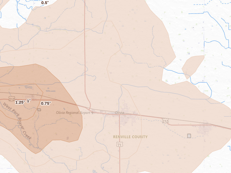 Radar-estimated hail-size map of the storm over Olivia, MN on Aug 7, 2026