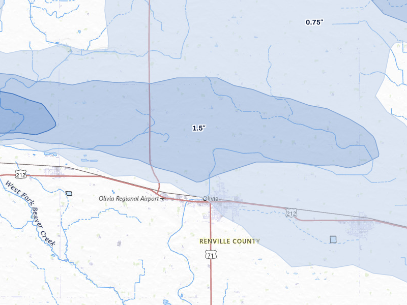 NEXRAD radar-signature map of the hail storm over Olivia, MN on Aug 7, 2026
