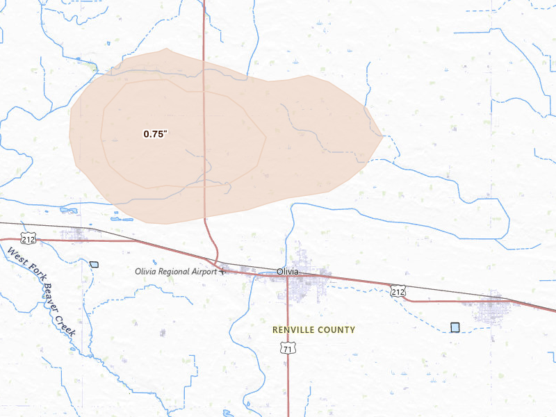 Radar-estimated hail-size map of the storm over Olivia, MN on Aug 17, 2026