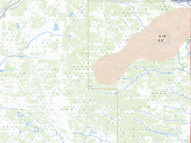 Radar-estimated hail-size map of the storm over Onamia, MN on Jun 10, 2026