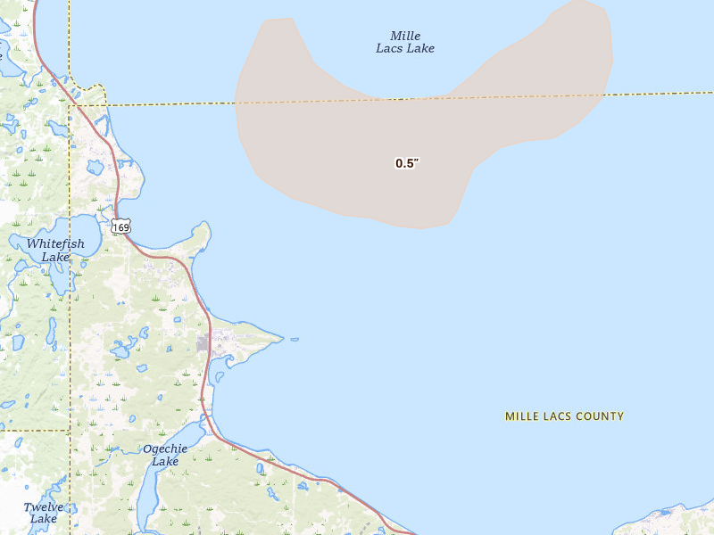 Radar-estimated hail-size map of the storm over Onamia, MN on Jun 29, 2026