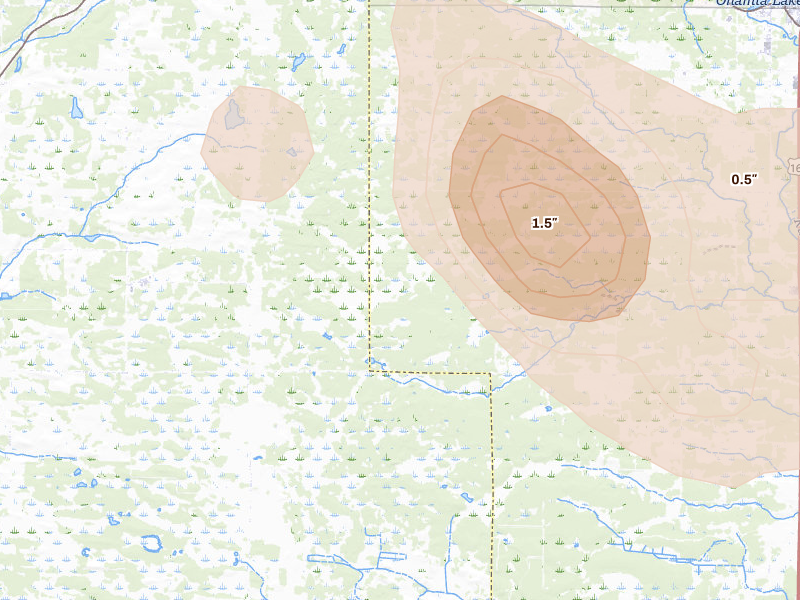 Radar-estimated hail-size map of the storm over Onamia, MN on Jul 4, 2026