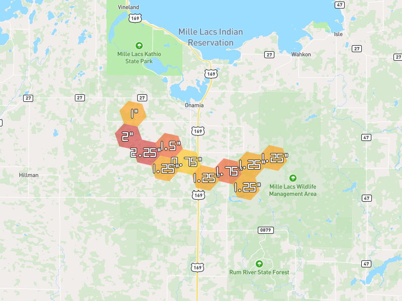 Hail map of Onamia, MN on Jul 4, 2026, hail up to 2.25"