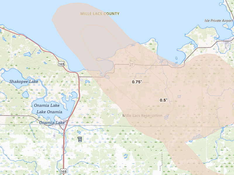 Radar-estimated hail-size map of the storm over Onamia, MN on Aug 20, 2026