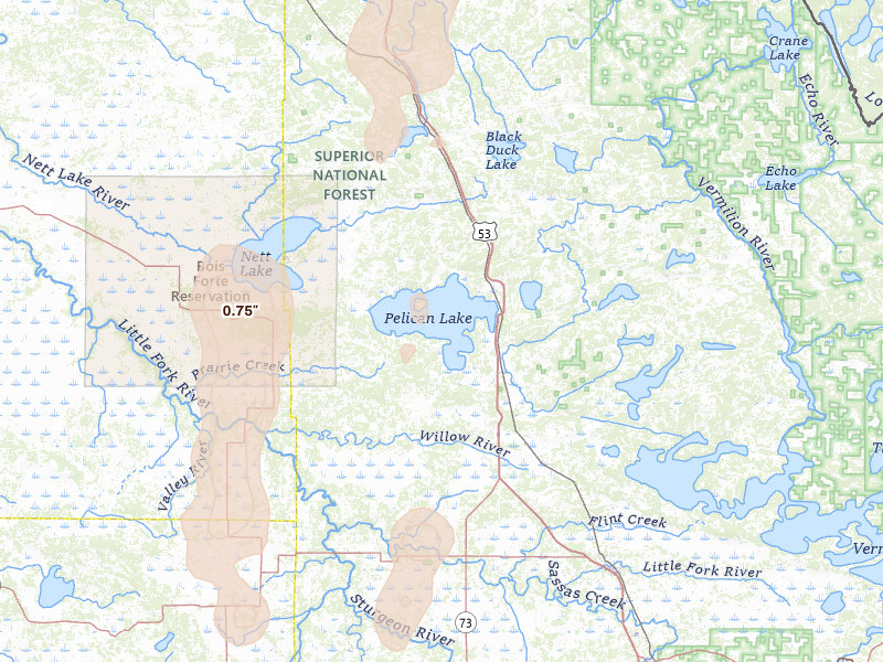Radar-estimated hail-size map of the storm over Orr, MN on Jun 10, 2026