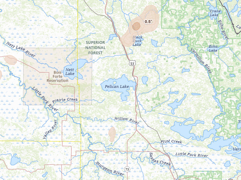 Radar-estimated hail-size map of the storm over Orr, MN on Jun 29, 2026