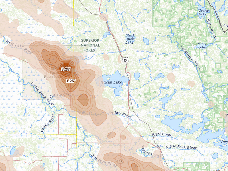 Radar-estimated hail-size map of the storm over Orr, MN on Jul 26, 2026