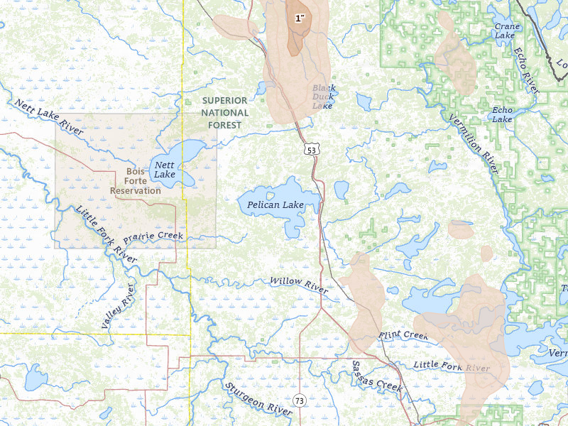 Radar-estimated hail-size map of the storm over Orr, MN on Jul 29, 2026