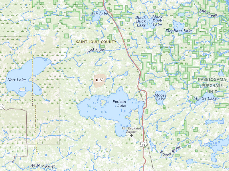 Radar-estimated hail-size map of the storm over Orr, MN on Aug 7, 2026