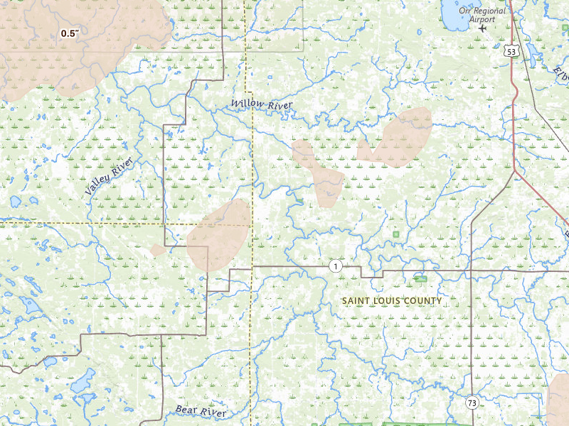 Radar-estimated hail-size map of the storm over Orr, MN on Aug 24, 2026
