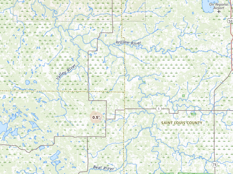 Radar-estimated hail-size map of the storm over Orr, MN on Aug 25, 2026