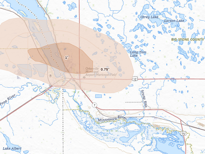 Radar-estimated hail-size map of the storm over Ortonville, MN on Jun 4, 2026