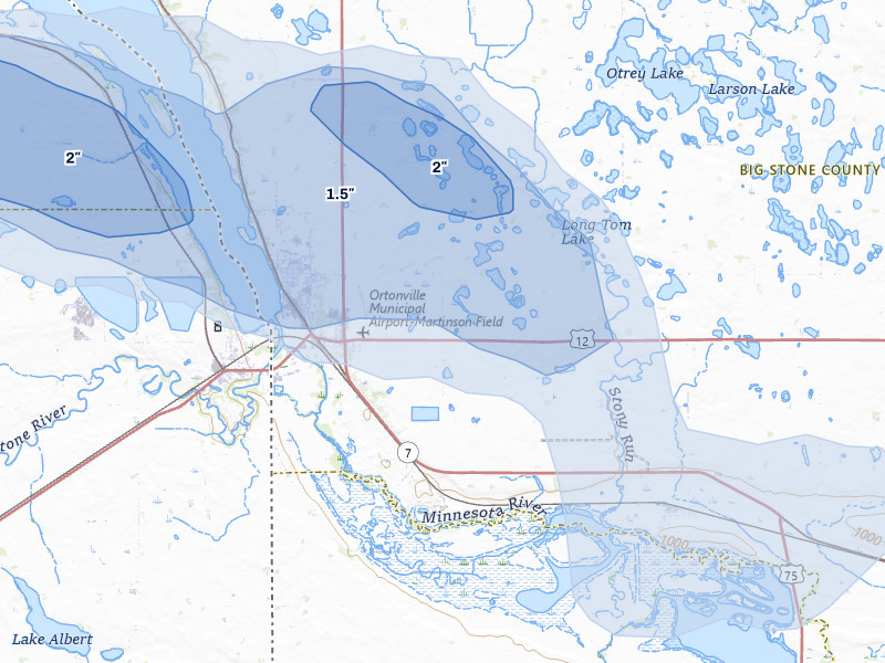 NEXRAD radar-signature map of the hail over Ortonville, MN