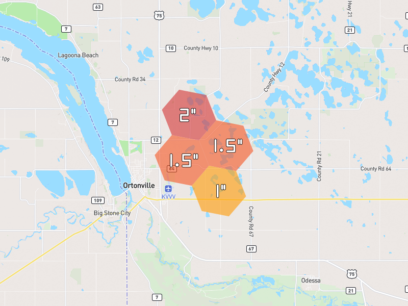 Hail map of Ortonville, MN on Jun 5, 2026, hail up to 2"
