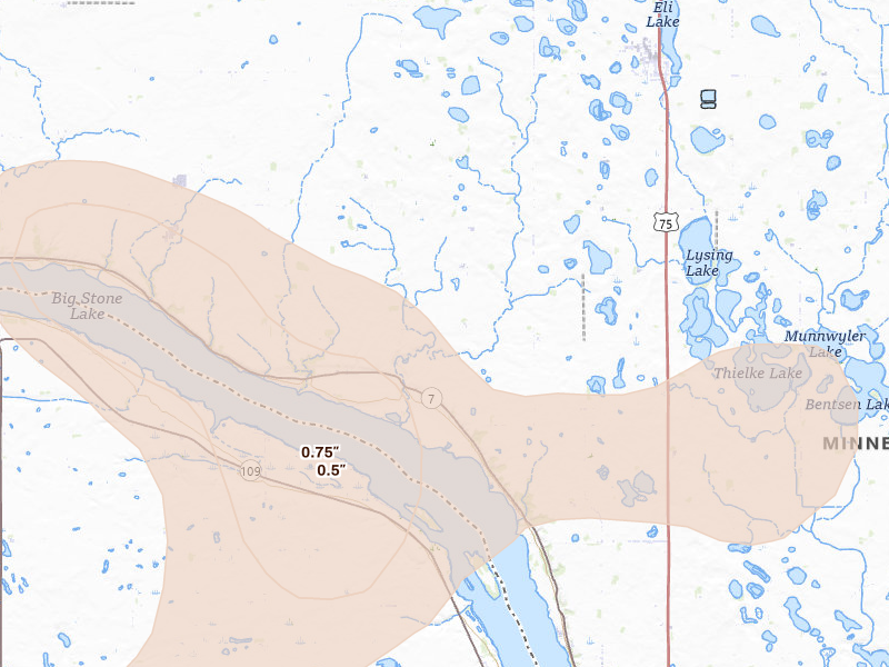 Radar-estimated hail-size map of the storm over Ortonville, MN on Jul 4, 2026