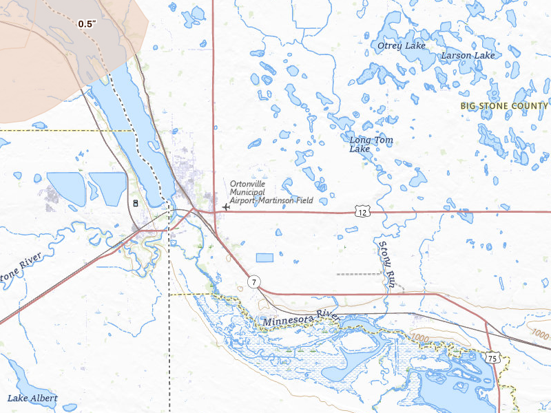 Radar-estimated hail-size map of the storm over Ortonville, MN on Jul 6, 2026