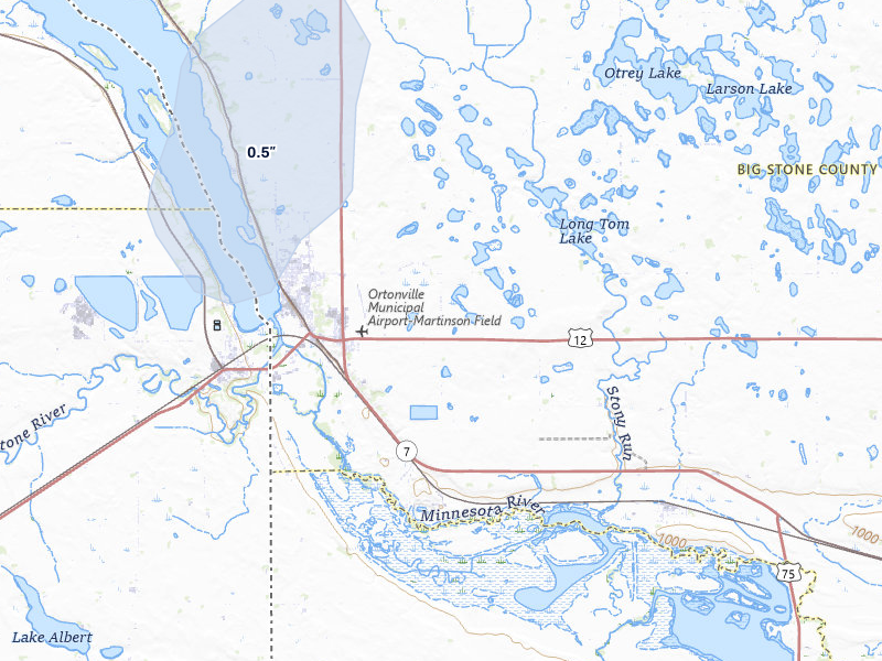 NEXRAD radar-signature map of the hail storm over Ortonville, MN on Jul 6, 2026