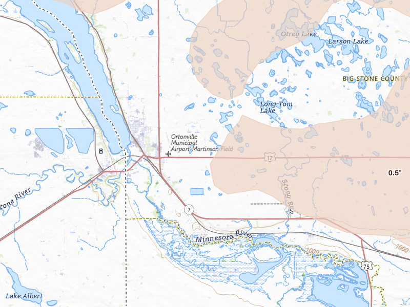 Radar-estimated hail-size map of the storm over Ortonville, MN on Jul 19, 2026