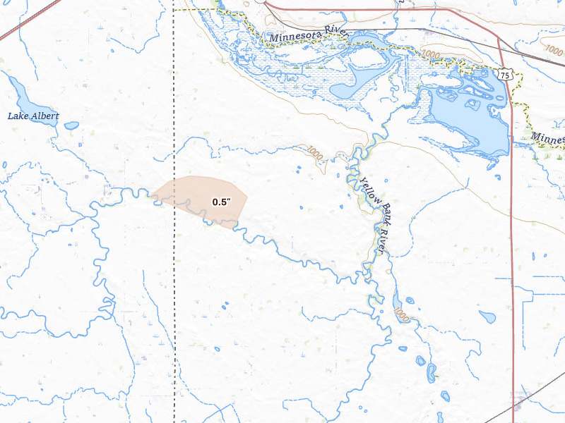 Radar-estimated hail-size map of the storm over Ortonville, MN on Aug 6, 2026