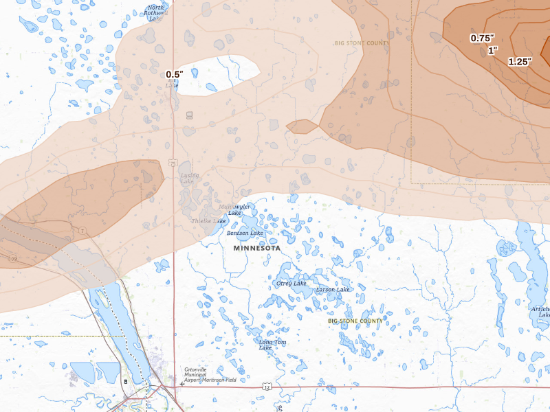 Radar-estimated hail-size map of the storm over Ortonville, MN
