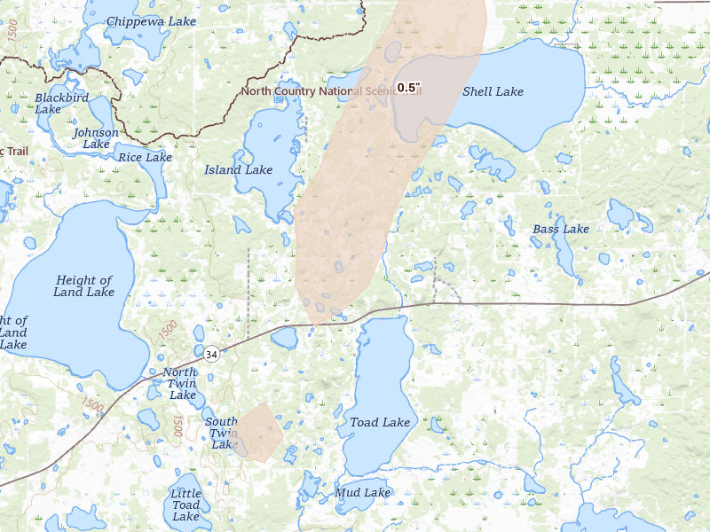 Radar-estimated hail-size map of the storm over Osage, MN on Jun 8, 2026
