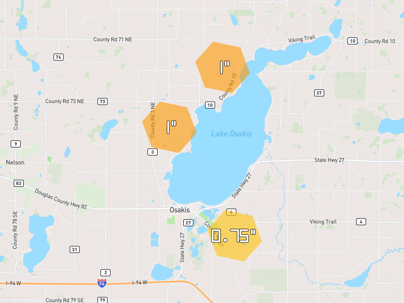 Hail map of Osakis, MN on Jun 30, 2026, hail up to 1"