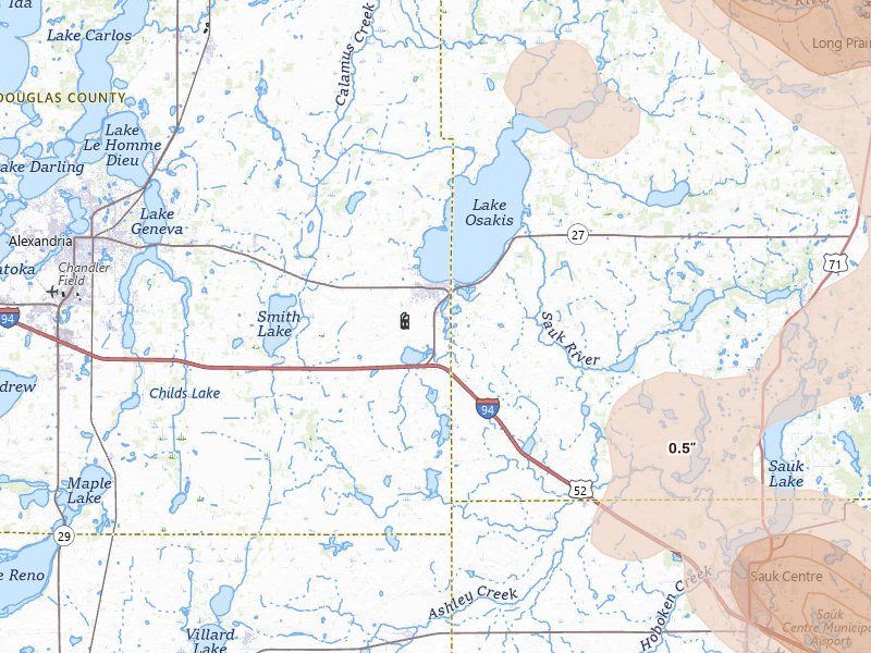 Radar-estimated hail-size map of the storm over Osakis, MN on Jul 4, 2026