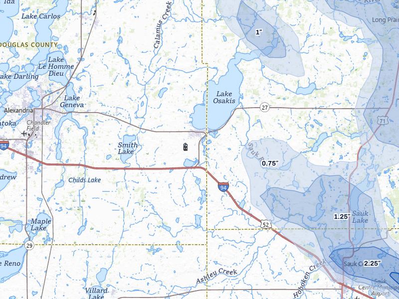 NEXRAD radar-signature map of the hail over Osakis, MN