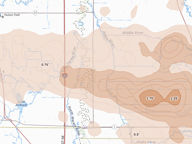 Radar-estimated hail-size map of the storm over Oslo, MN on Jul 24, 2026