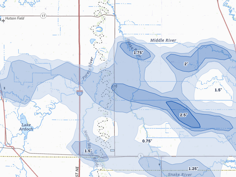 NEXRAD radar-signature map of the hail storm over Oslo, MN on Jul 24, 2026