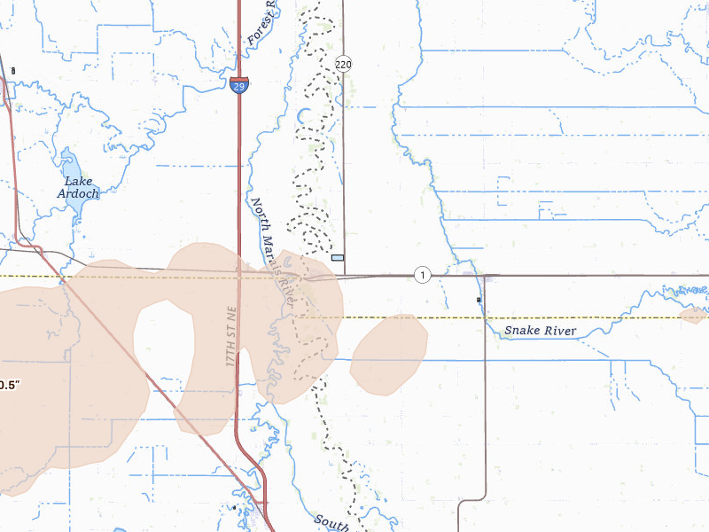 Radar-estimated hail-size map of the storm over Oslo, MN on Aug 24, 2026