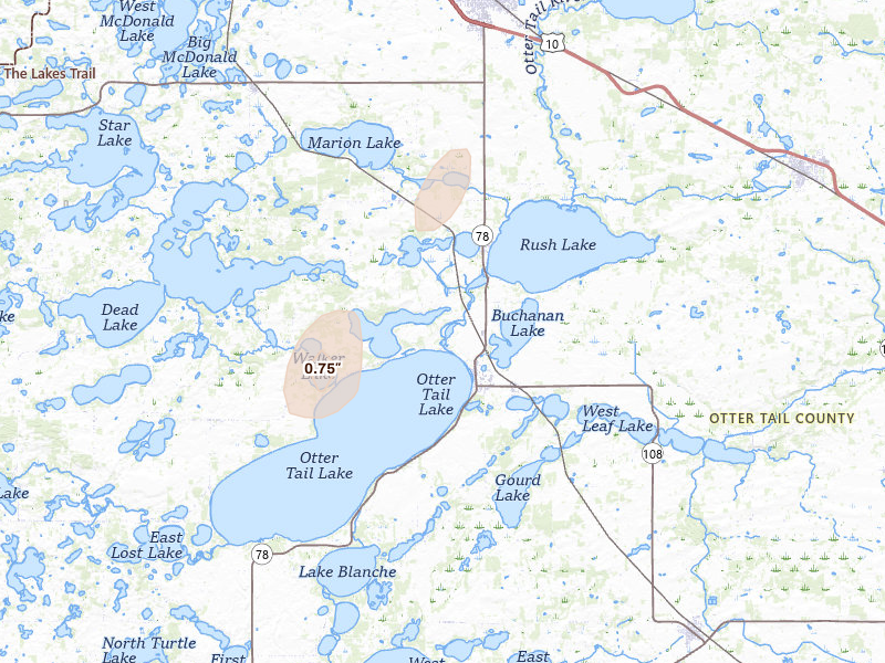 Radar-estimated hail-size map of the storm over Ottertail, MN on Apr 22, 2026