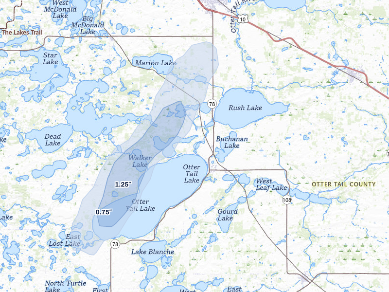 NEXRAD radar-signature map of the hail storm over Ottertail, MN on Apr 22, 2026