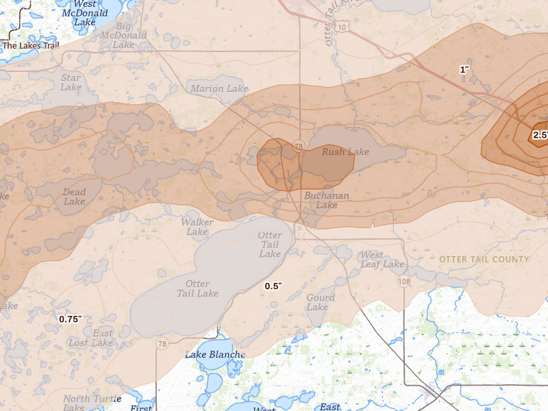 Radar-estimated hail-size map of the storm over Ottertail, MN on Jun 29, 2026