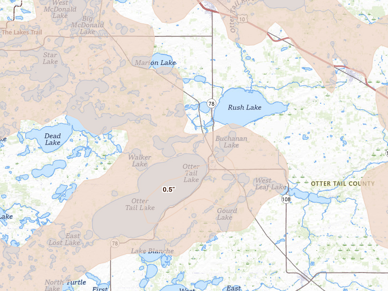 Radar-estimated hail-size map of the storm over Ottertail, MN on Jul 6, 2026