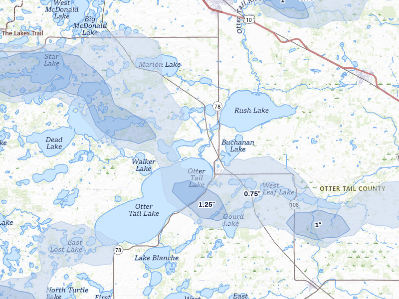 NEXRAD radar-signature map of the hail storm over Ottertail, MN on Jul 6, 2026