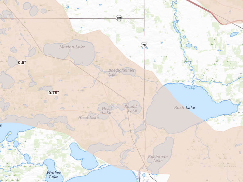 Radar-estimated hail-size map of the storm over Ottertail, MN on Aug 17, 2026