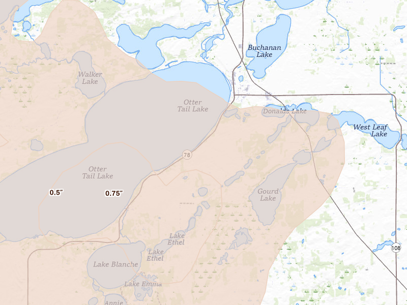 Radar-estimated hail-size map of the storm over Ottertail, MN on Aug 28, 2026