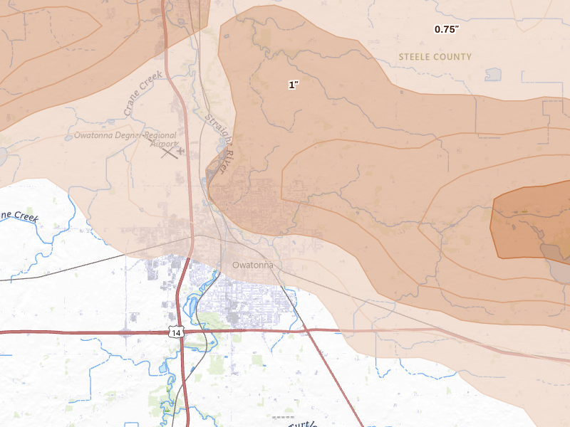 Radar-estimated hail-size map of the storm over Owatonna, MN on Apr 13, 2026